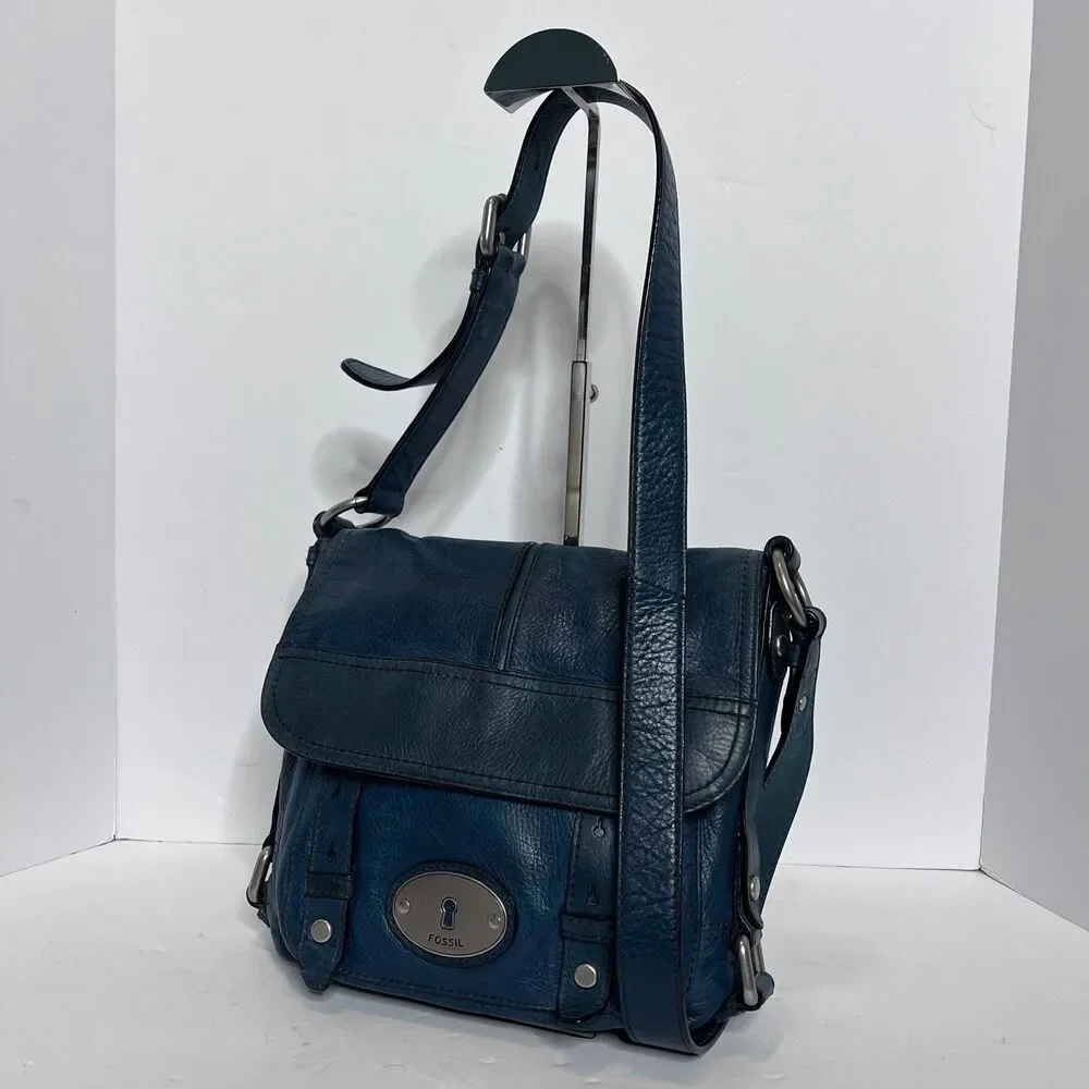 Fossil Vintage Maddox Blue Leather Messenger Shoulder Crossbody Bag